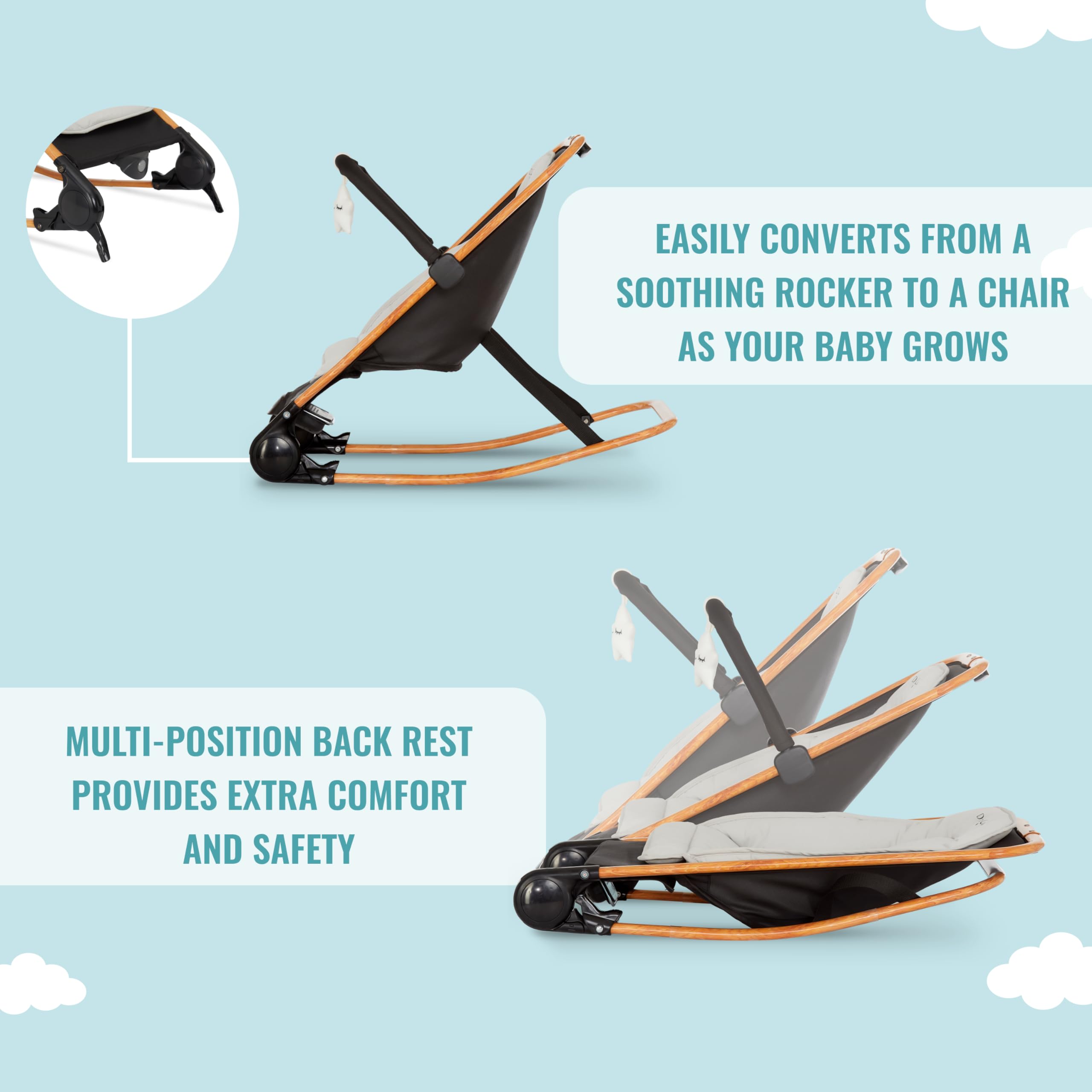 Dream on Me Rock with me 2-in-1 Rocker and Stationary Seat | Compact Portable Infant Rocker with Removable Toys Bar & Hanging Toys in Black & Grey