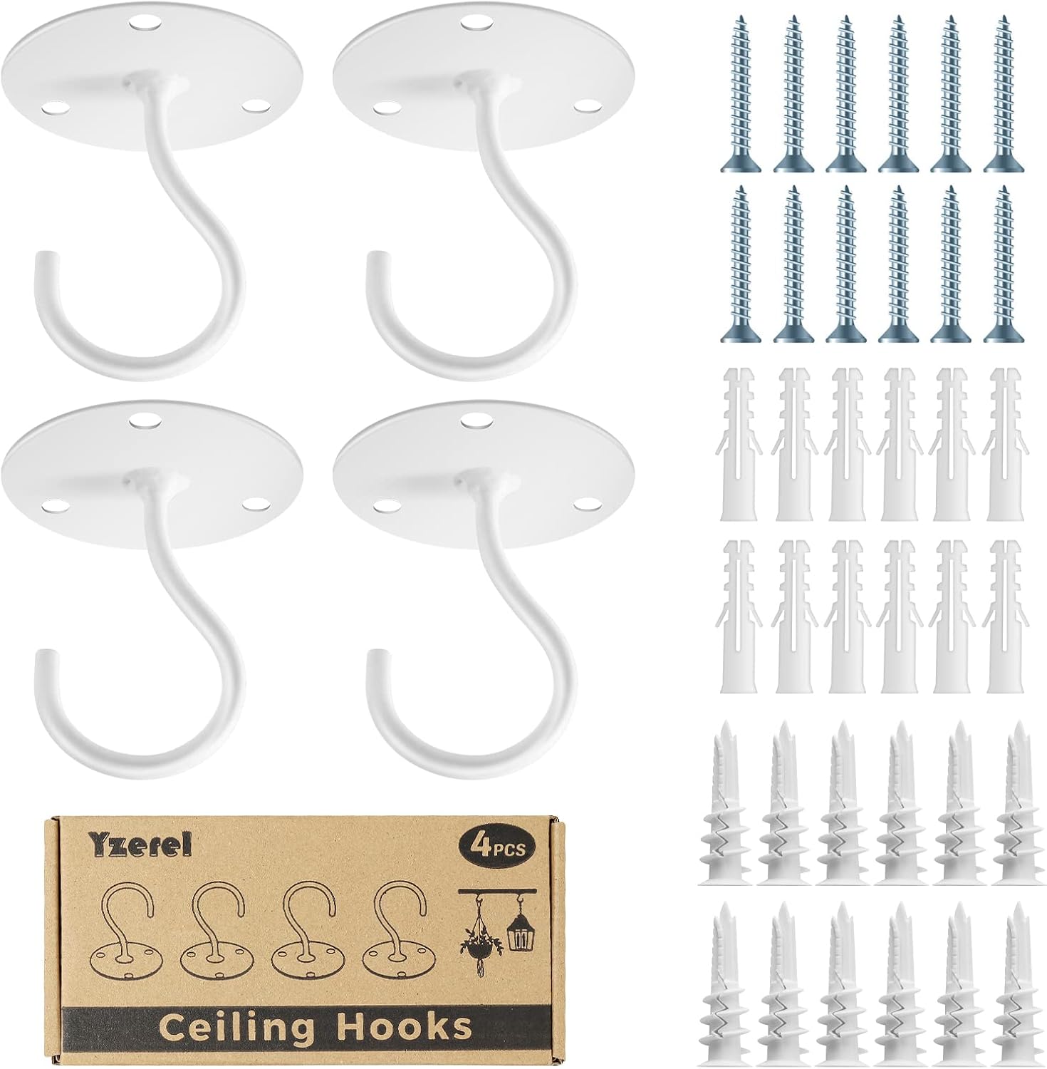 Outdoor Hanging Brackets - Yzerel Ceiling Hooks for Hanging Plants - Metal Plant Bracket Iron Wall Mount Lanterns Hangers for Hanging Bird Feeders, Lanterns, Wind Chimes, Planters, Outdoor Decoration Hooks (White 4pcs)