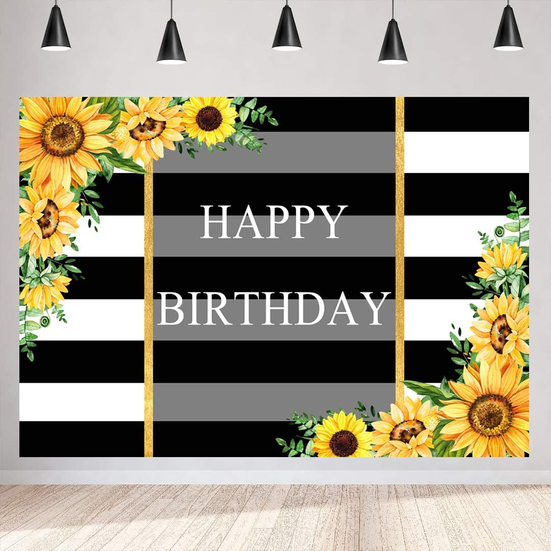 Amazon Com 7x5ft Happy Birthday Sunflowers Photo Backdrop Black And White Stripe Flowers Birthday Cake Table Banner Picture Booth Vinyl Background Children Adult Birthday Party Professional Photography Backdrops Camera Photo