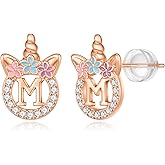 925 Sterling Silver Unicorn Earrings, 14K Gold/Rose Gold/Silver/Unicorn Earrings for Girls Kids Toddler Little Girls Hypoallergenic Letter Initial Earrings for Girls Christmas Gifts