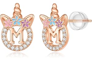 BRIJEWLIC 925 Sterling Silver Unicorn Earrings, 14K Gold/Rose Gold/Silver/Unicorn Earrings for Girls Kids Toddler Little Girls Hypoallergenic Letter Initial Earrings for Girls Christmas Gifts