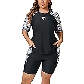 Halcurt Women's Plus Built in Bra Rash Guard Two Piece Swim Shirt and Pockets Boyleg Shorts
