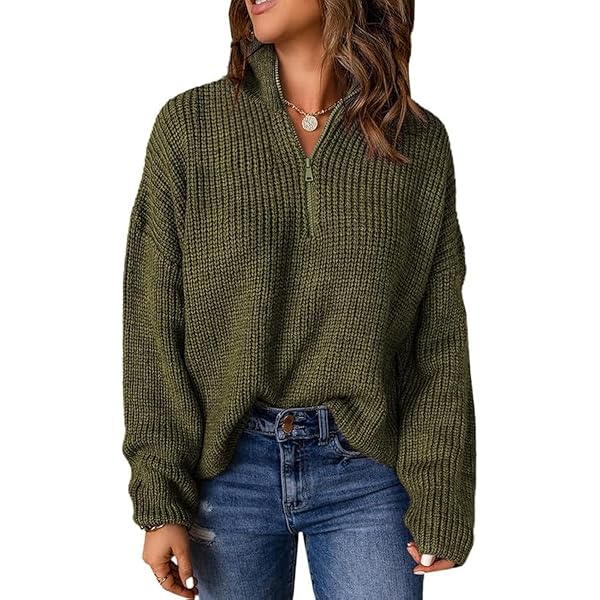 Moreone Women's Oversized Striped Sweater - Quarter Zip Pullover With Side Slits