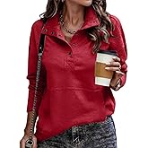 SHEWIN Women's Casual Long Sleeve Stand Neck Sweatshirt Lightweight Button Drawstring Pullover Tops