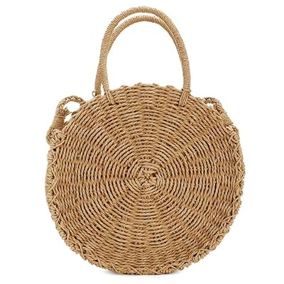 Handmade Round Rattan Bag with Leather Strap Brown Bahrain