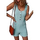 HERILIOS Women Ribbed Tank Romper Summer Casual Sleeveless One Piece Loose Fit Short Jumpsuits with Pockets