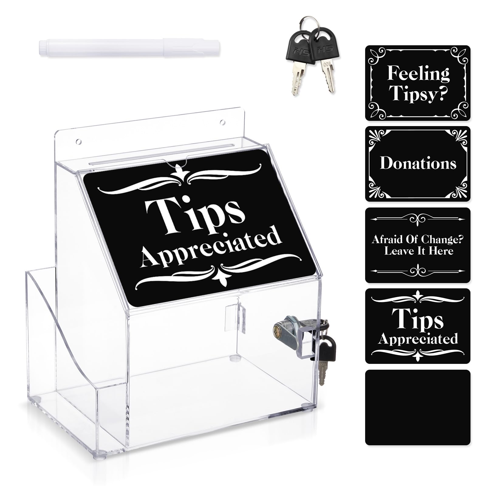Photo 1 of RattanView Donation Box with Lock and Key Acrylic Tip Box with 5 PVC Cards and 1 Erasable Marker Wall Mountable Donation Suggestion Box for Fundraising Tip Box for Office Voting Bartender