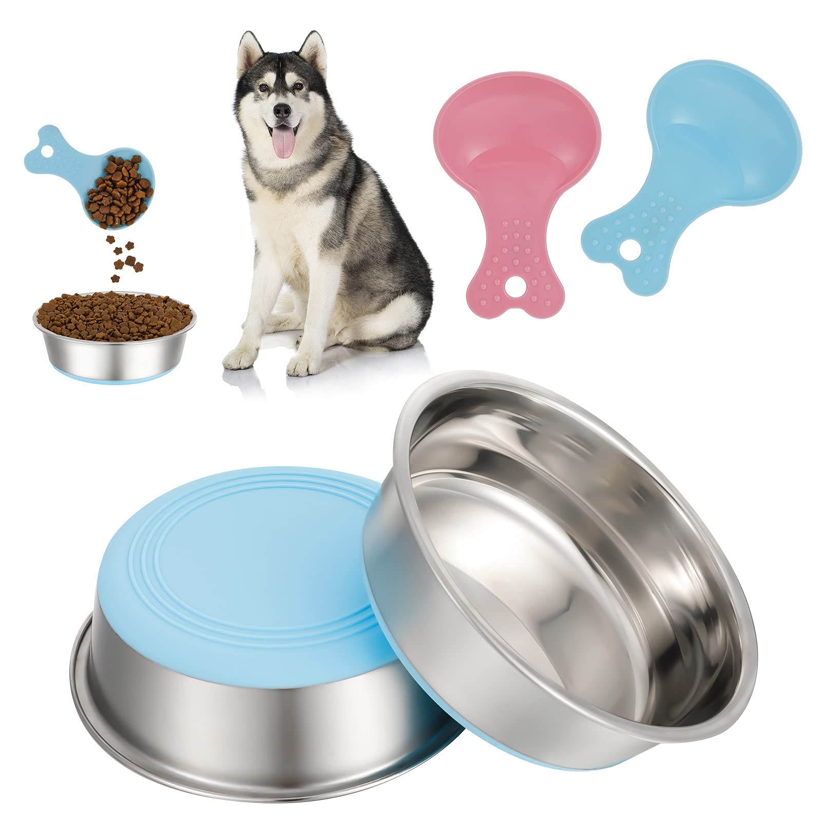 Yorgewd 2 Pack 900 ML Stainless Steel Dog Bowls with Spoon Feeding Bowls, Pets Food and Water Bowls with Non-slip silicone Bases for Small Dogs, Puppies & Cats(M-18CM Blue)