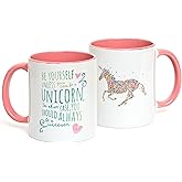 CSM Supply Be Yourself Unless You Can Be A Unicorn - 11 fluid ounce Grade A Quality Ceramic Two Tone Pink/White Ceramic Mug/Cup - Perfect Funny/Inspirational Gift - Foam Gift Box Included