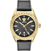 Versace V-Code GMT Collection Luxury Mens Watch Timepieces with a Black Strap and Dial Featuring a Gold Case