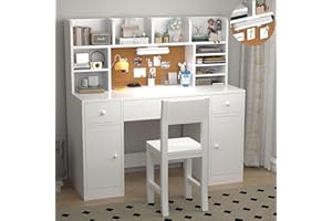 NKUGCFC White Wooden Kids Study Desk and Chair Set, Childrens Desk with Light, 3 Drawers, 4 Storage Cabinets and 4 Storage Open Shelves, Boys & Girls Study Desk for Bedroom and Kidsroom