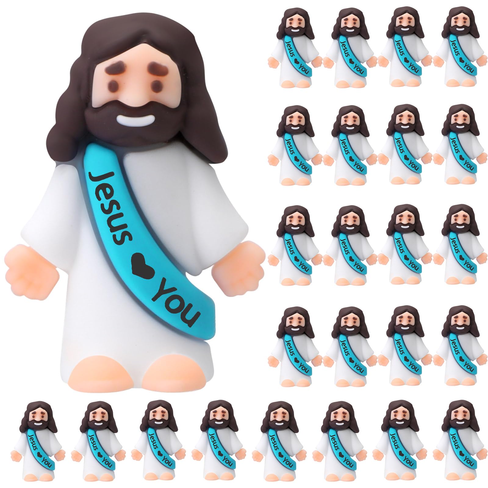 Photo 1 of Bememo 25 Pcs Little Jesus Figures Original Design Jesus Love You Mini Rubber Toys to Hide and Seek Christmas Religious Party Favors Sunday School Baptism Gifts(Cyan)