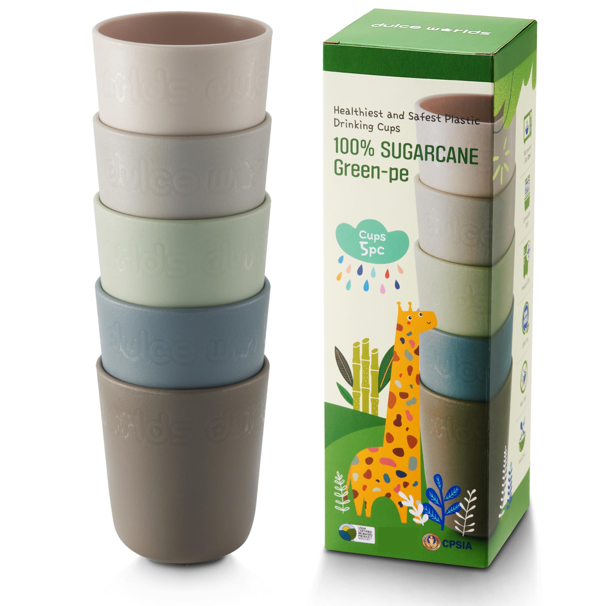Dulce Worlds Sugarcane Toddler Cup 300 ml - Set of 5, LFGB & USDA Certified Kids Cup - BPA Free - Dishwasher Safe, Reusable, Unbreakable - GrayBlue