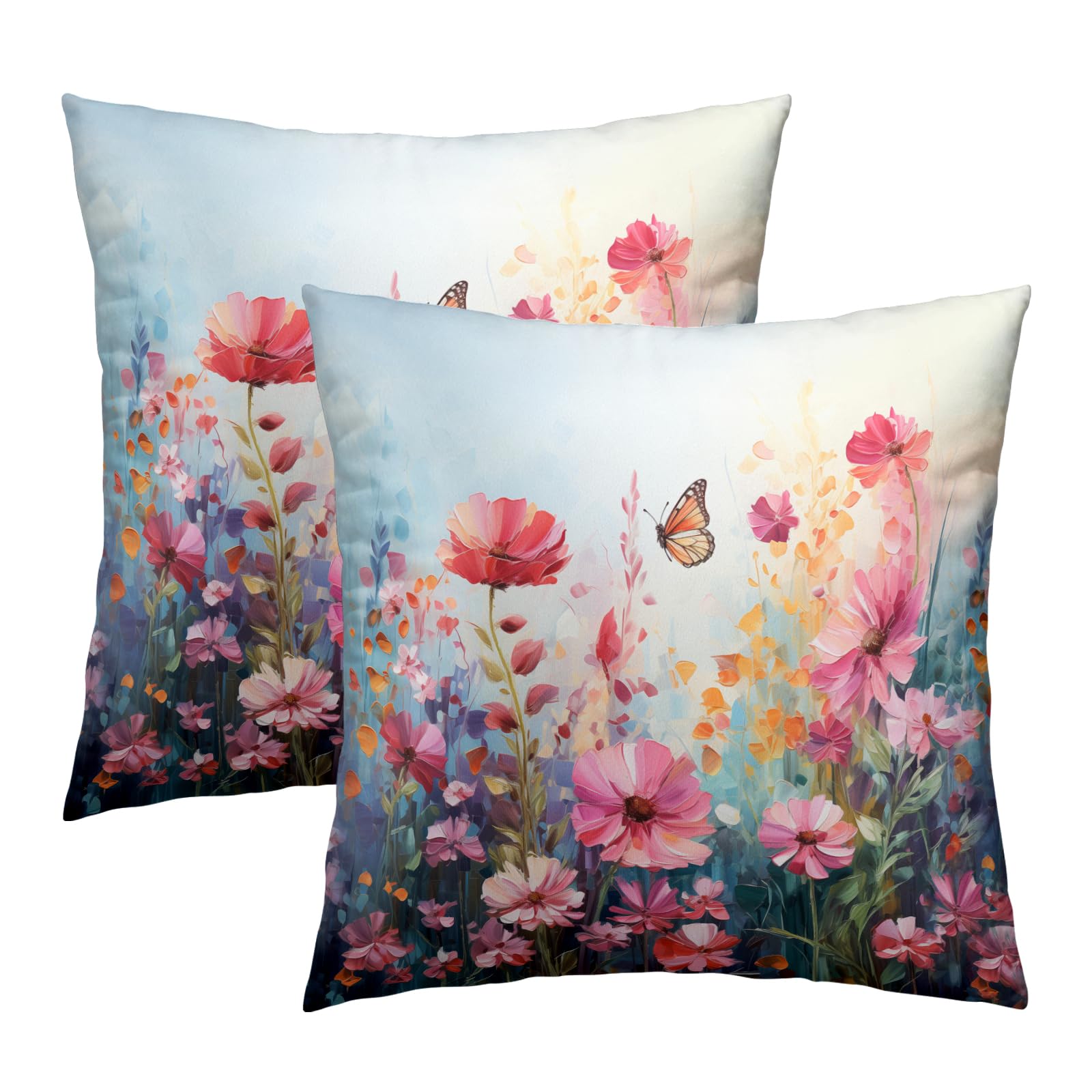 Watercolor Pink Floral Throw Pillow Covers 18 x 18 Inch Set of 2 Wildflower Plants Butterfly Rustic Decor Double Sided Pillow Cases Romantic Nature Cushion Cover for Spring Seasonal Outdoor Home Sofa