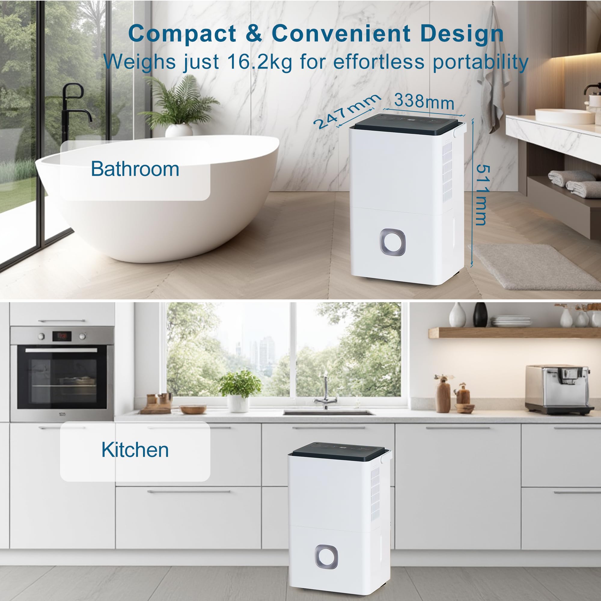 Megonia Elektrischer Luftentfeuchter für Haus: 65L/Tag, Automodus, 4.5L Wassertank mit Ablaufschlauch, Leise Raumentfeuchter für Keller, Büro, Schlafzimmer, Badezimmer, Wohnung, Küche bis 120m² 8