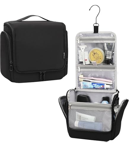 Amazon Essentials Spacious Toiletry Bag, Hanging Cosmetic Dopp Kit with Multiple Compartments, Durable Polyester, Large Capacity Storage, Compact Design, Black (Previously Amazon Basics) : Beauty & Personal Care