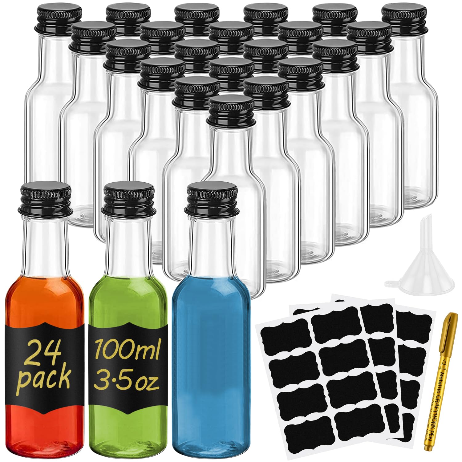 WenYa 24 Pack Mini Liquor Bottles, 100ml Empty Small Plastic Bottle with Lids (Leak Proof Black Screw Caps), Reusable Miniature Alcohol Bottles with Labels Funnel for Weddings Parties