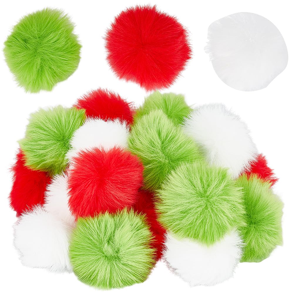 SUNNYCLUE 1 Box 30Pcs Artificial Wool Christmas Pom Pom Balls Puff Ball Large Soft Fluffy Pom Poms Xmas Assorted Color Red Green White Pompoms Ball Bulk for DIY Creative Crafts Decorations