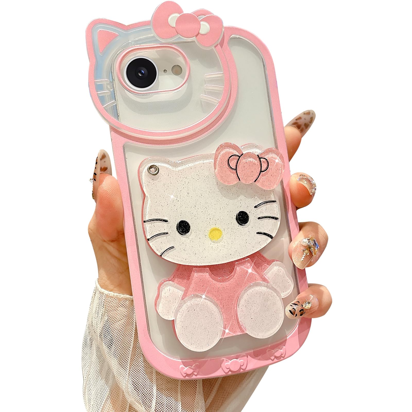 Steuscey for iPhone 16e Cute Cartoon Case, 3D Bow Funny Kawaii Cartoon Cat Case with Mini Makeup Mirror for Girls Women Soft Silicone Clear Shockproof Phone Cover for iPhone 16e 6.1 inch, Pink