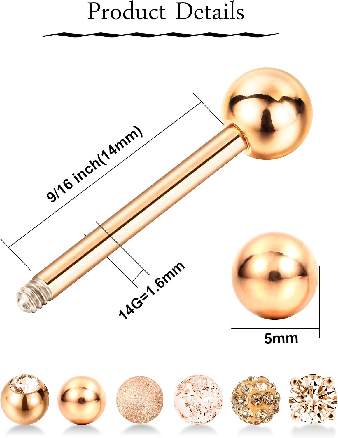 6 works Nipple Tongue Ring Stainless Steel Barbell Rings Cubic Zirconia Nipplerings Body Piercing Jewelry, 14 Gauge (Rose Gold) - Image 4