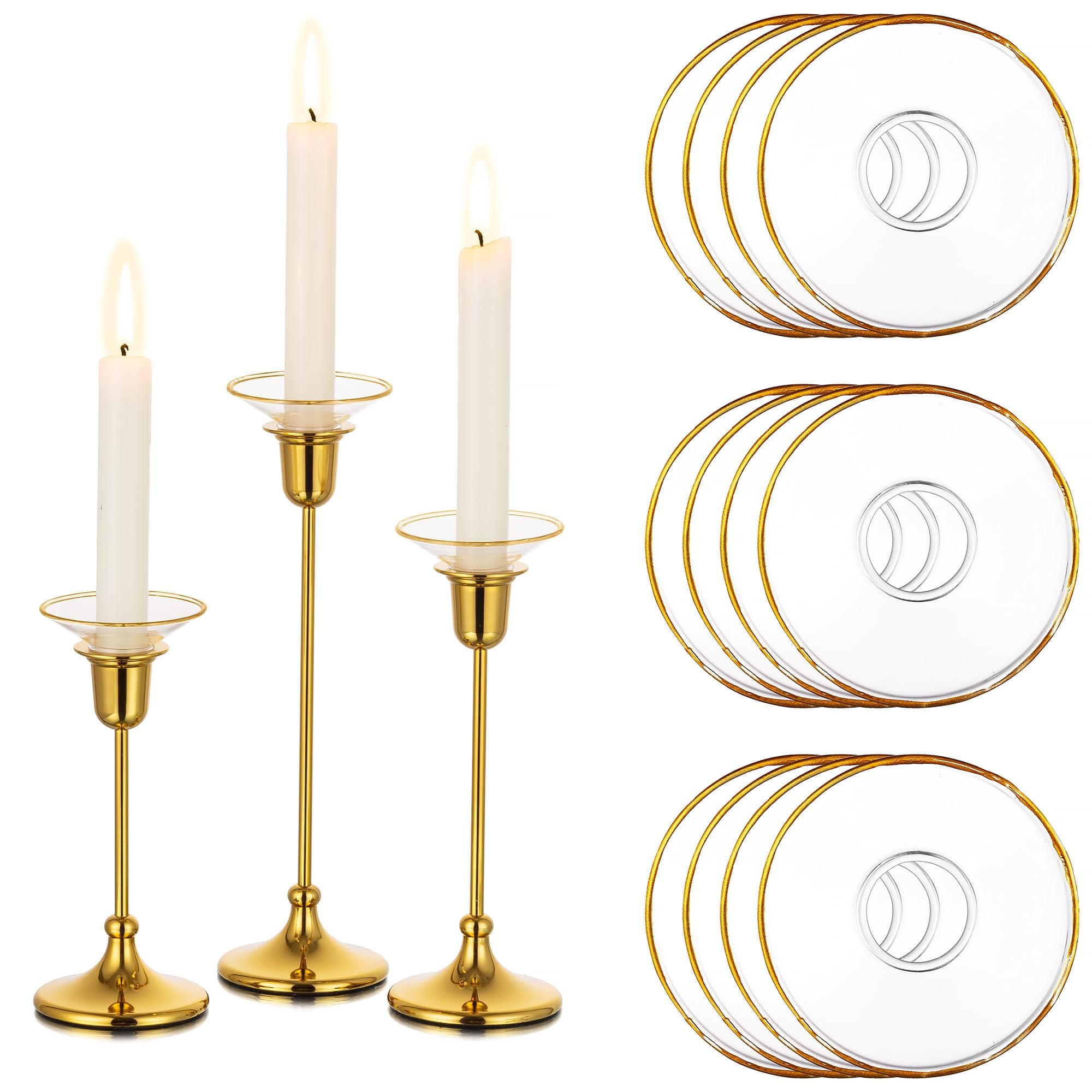 Glasseam Candlestick Holders Glass Candle Drip Protectors, Gold Rim Bobeche Candle Holders for Candlestick Candles, 12pcs Round Candle Rings for Candle Holder Chandelier, Bobeches for Candleholders