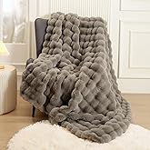 Super Comfort Oversized Warm Thick Bubble Luxury Plush Rabbit Faux Fur Throw Blanket, Fluffy Blanket,Soft Cozy Blanket for Couch Chair Bed Sofa Living Room (Grey, 50inX60in)