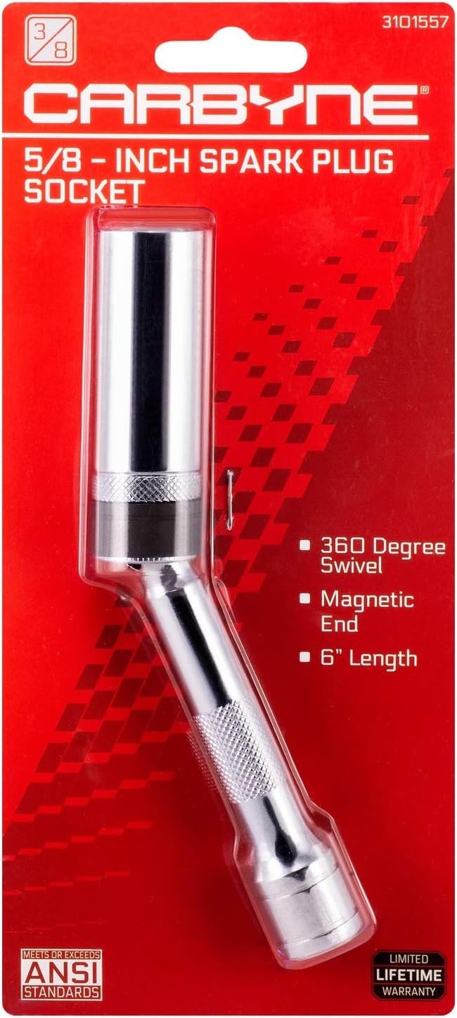 Carbyne5/8" Spark Plug Socket - Magnetic Swivel. 3/8" Drive, 6" Overall Length, 6-Point, Cr-V Steel, Ultra-Strong Magnet, Knurled Extension • From a Family-Run Tool Company Based in the U.S.A.
