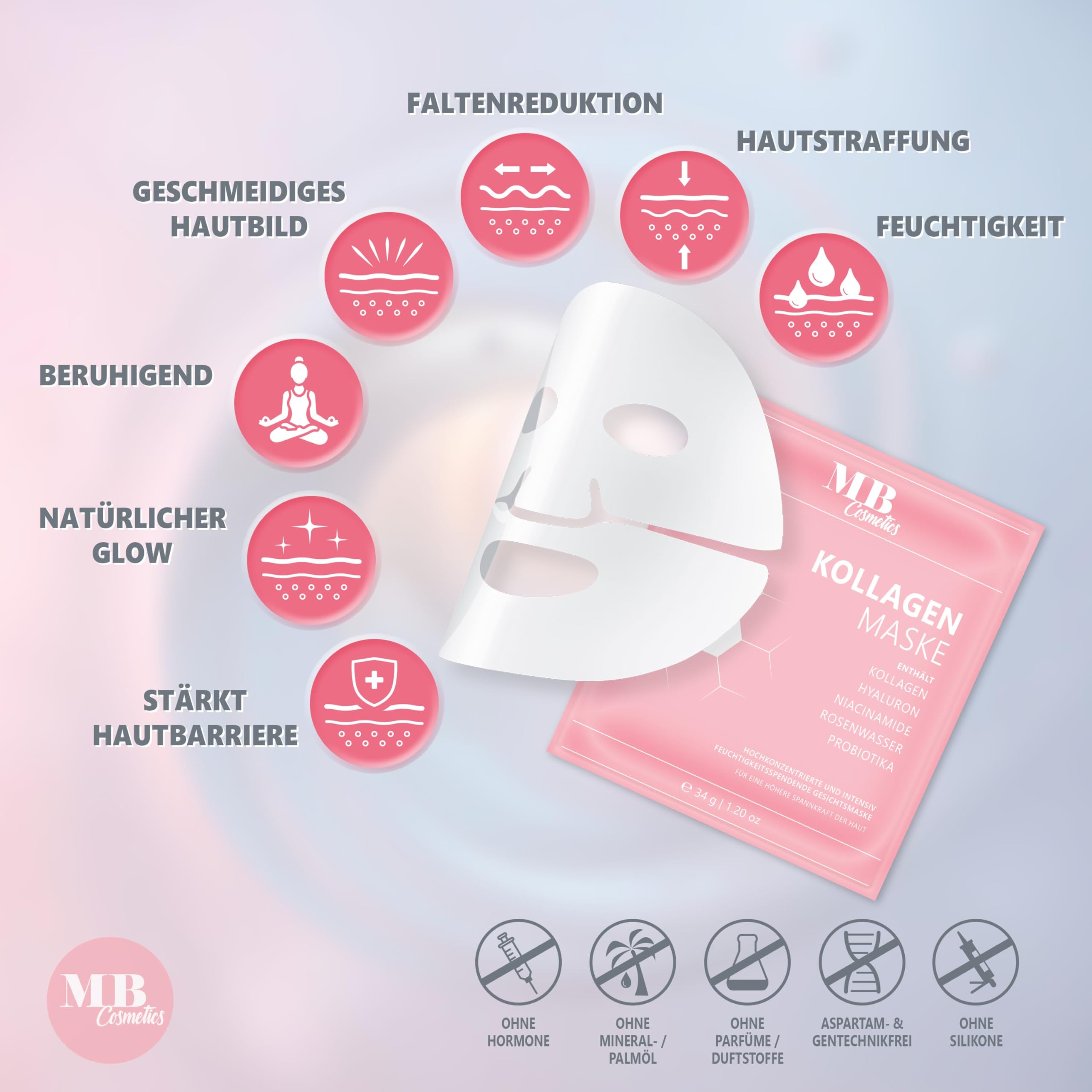 Kollagen Maske mit Hyaluron, Niacinamiden und Probiotika-Komplex für eine straffere Haut. Hydrogel Gesichtsmaske zur Faltenreduktion und Feuchtigkeitspflege. Ultra-hochkonzentriert mit 52.000 ppm. 8