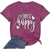 Funny Cute Graphic Tees for Women Choose Happy Letter Print T Shirts Love Heart Inspirational Shirt Casual Short Sleeve Tops