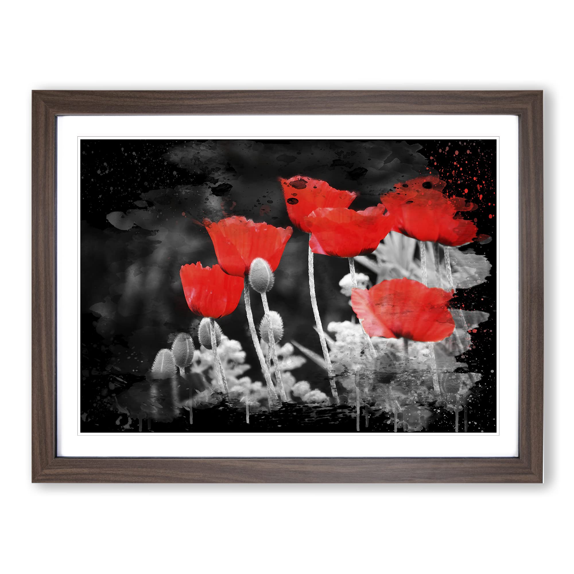 Red PModern OPpy Field Flowers No.7 Modern CB Framed Wall Art Print, Ready to Hang Picture for Living Room Bedroom Home Office Décor, Walnut A4 (34 x 25 cm)