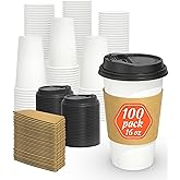 Dealusy 100 Pack 16 oz Disposable Coffee Cups with Lids and Sleeves, Sturdy Thick Paper & Leak-free Insulated to Go Paper Hot Coffee Cups for Hot & Cold Beverage