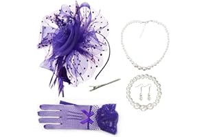 AQOKKA Women Fascinators Hats Veil Mesh Tea Party Derby Hat Bow Lace Gloves Pearl Jewelry Set for Women Cocktail Wedding