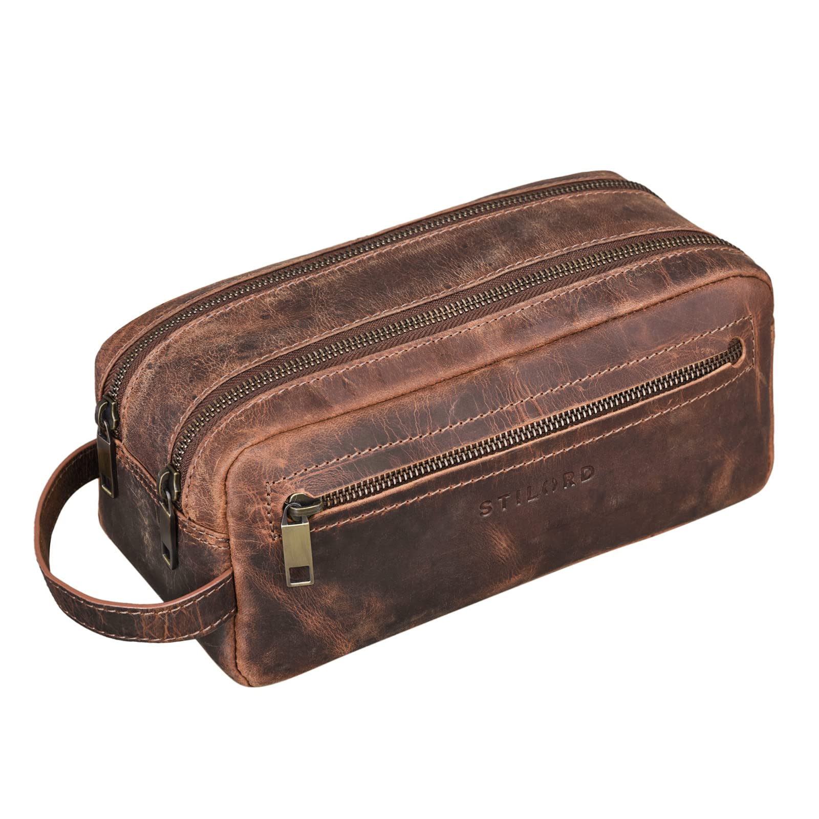 STILORD "Kurt" Large Toiletry Bag Washbag Travelling with Wrist Strap and Zipper Made of Genuine Vintage Leather Colour:Prato - Brown
