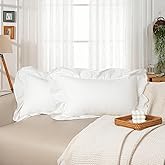 JoraLion White Scalloped Cotton Pillow Covers 12x20 inch, Farmhouse Ruffle Solid Pure Cotton Decor for Sofa Bed Couch, Set of 2, Covers ONLY