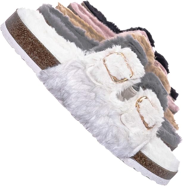 Faux Fur Molded Footbed Slipper Furry Slide In Cork Slide Sandal