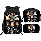Snapjet Cute Cat Backpack 3PCS 16" Preschool Elementary Schoolbag with Lunch Box Pencil Case Bookbag Set for Girls Boys Kids Children Teens School Students