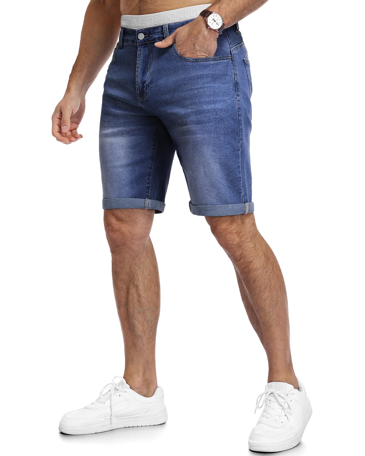 HMIYA Kurze Hosen Herren Jeans Shorts Baumwolle Sommer Freizeitshorts Stretch Regular Fit Jeansshorts mit Taschen(Medium Indigo,EU-L)