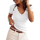 ZESICA Women's Short Sleeve Lace V Neck Fitted T Shirts Ribbed Knit Casual Basic Tees Tops 2026 Summer Y2k Going Out Outfits