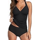 Blooming Jelly Women Tummy Control Tankinis Two Piece Swimsuits V-Neck Push Up Bathing Suits with Shorts