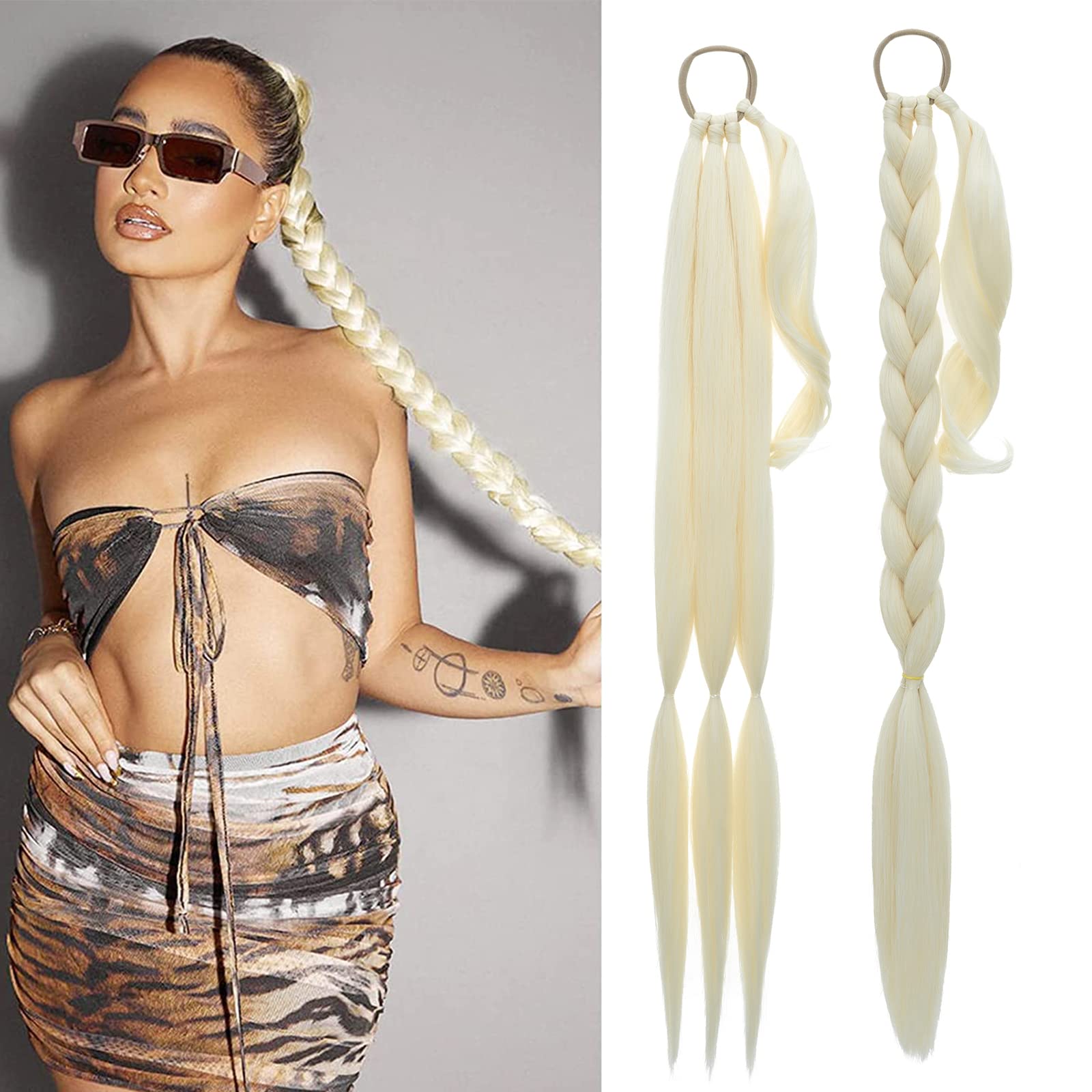 MY-LADY Long DIY Braided Ponytail Extension with Elastic Tie Straight Wrap Around Braid Hair Extensions Pony Tail Soft Synthetic Hairpiece for Women 34 inch Bleach Blonde โ image 1