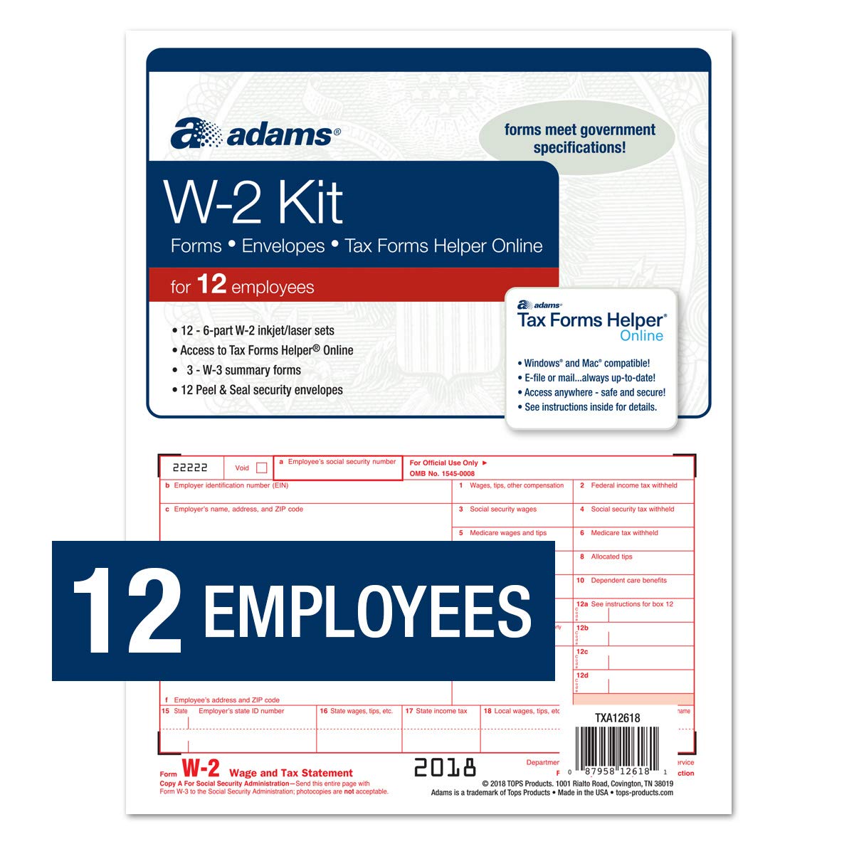 Adams W 2 Tax Forms For 2018 6 Part Inkjet Laser Sets For 12 Three W 3 Transmittal Forms 12 Envelopes And Access To Adams Tfh Online Txa12618 Forms Recordkeeping Money Handling Marmaraolay Office Supplies