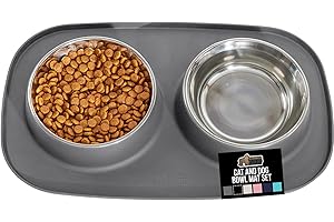 GORILLA GRIP Feeding Mat Set, Patent Pending 100% Waterproof BPA Free Silicone, Stainless Steel Cat and Dog Bowls, Slip Resistant, High Edges Catch Water Food, US Designed Pet Accessories, 2 Cup Gray