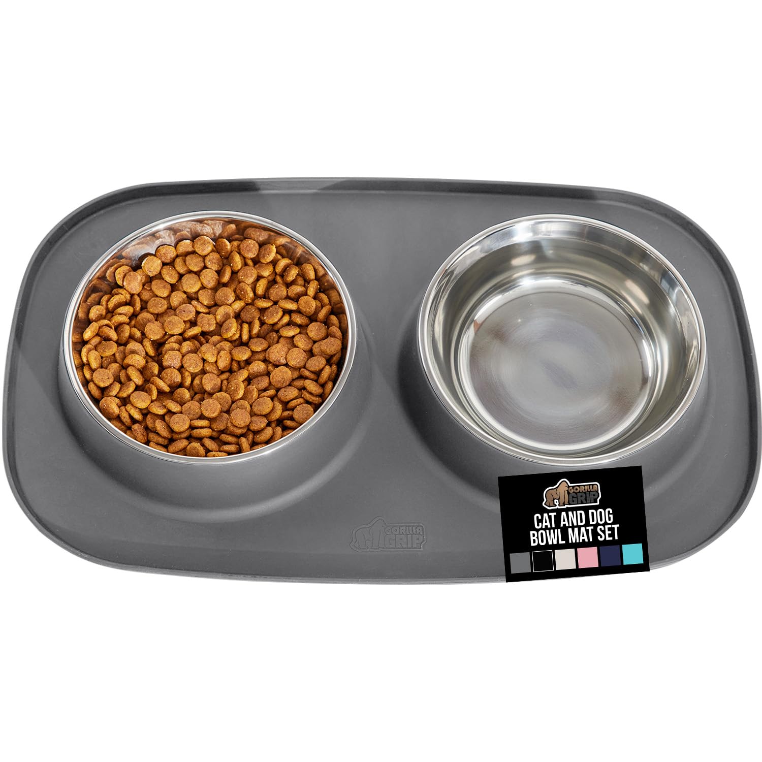 Photo 1 of GORILLA GRIP Feeding Mat Set, Patent Pending 100% Waterproof BPA Free Silicone, Stainless Steel Cat and Dog Bowls, Slip Resistant, High Edges Catch Water Food, US Designed Pet Accessories, 2 Cup Gray