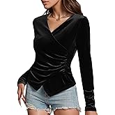 Penioca Women's Velvet Wrap Top, Wrap V Neck Ruched Asymmetrical Long Sleeve Slim Fit Dressy Blouse