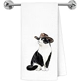 Exqcom Funny Cowboy Tuxedo Cat Kitchen Towels, Tuxedo Cat Gifts Dish Tea Towels for Kitchen, Western Black and White Kitten Kitty Decorative Hand Towels for Bathroom Restroom Washroom, 16x24 Inch