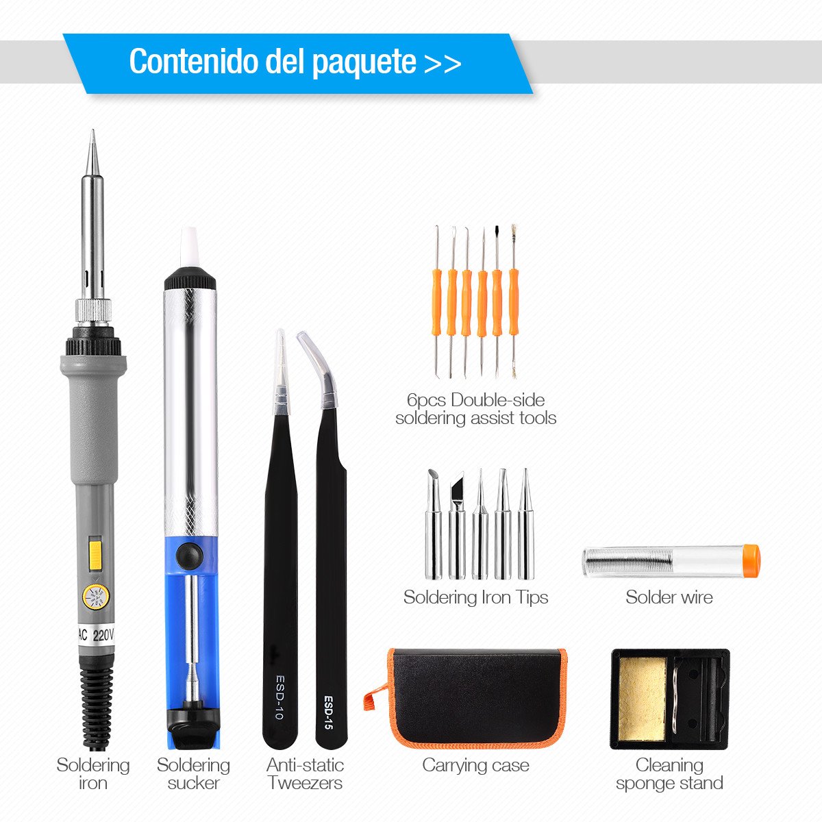 Powerextra 18PCS Fer à Souder Souder Kits Électrique 60W 220V Température Réglable Outil de Soudage 6pcs, Ventouse, Support de Fer à Souder, Fil de Soudure, Pincette Support et Boîte à Outils