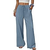 Sampeel Wide Leg Pants for Women Flowy Palazzo Drawstring Elastic Waist Trousers with Pockets Summer Beach Vacation Clothes