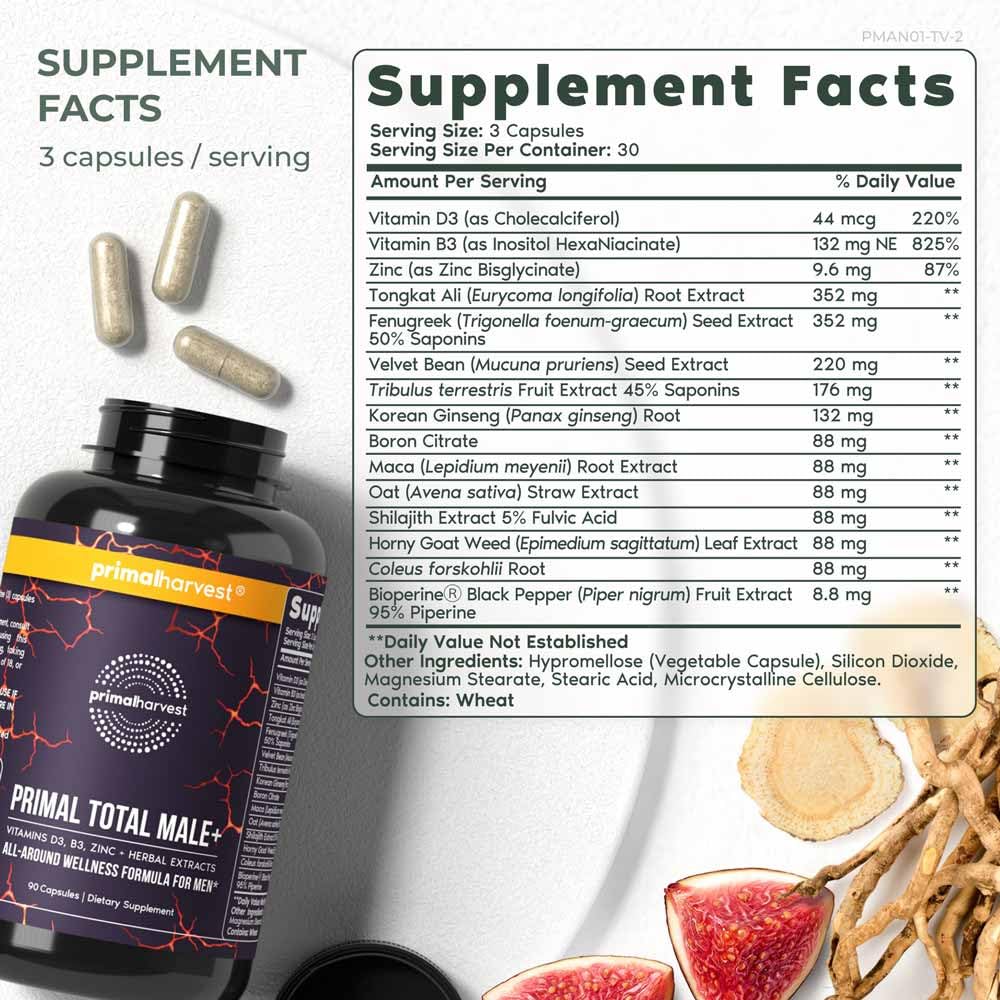 Primal Harvest Total Male+ Multivitamin for Men with Essential Vitamins, Minerals and Herbal Support for Energy, Vitality, Immune Health and Performance