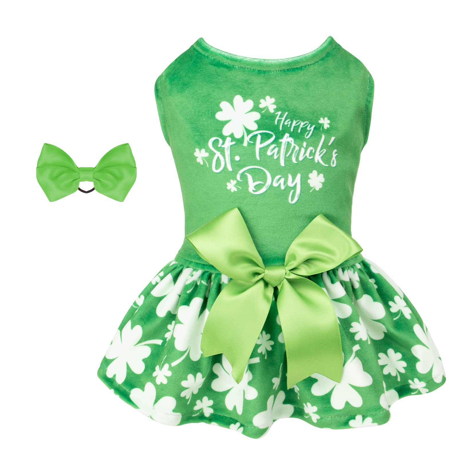 Photo 1 of CuteBone St.Patrick's Day Dog Green Dress Velvet for Small Dogs Girl Puppy Dresses Clover Dog Clothes - L