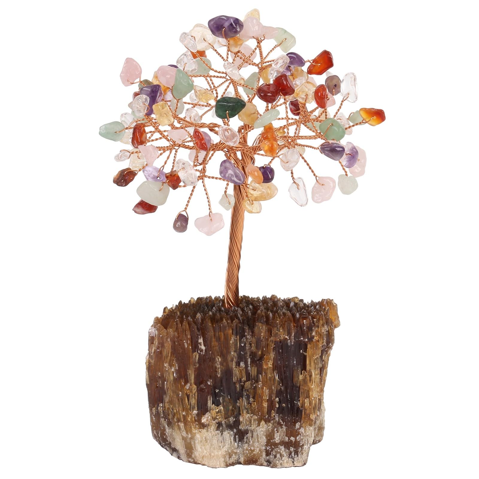 mookaitedecor Natural Chakra Healing Crystal Tree on Amber Calcite Cluster Base Feng Shui Money Tree Ornament for Home, Colourful Semi Precious Gemstone Bonsai Tree Raw Crystal Gift Reiki Room Decor
